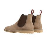 Tom Beckbe Red Wing Weekender Chelsea Boot in tan suede with brown panels and red pull tabs; classic American style.