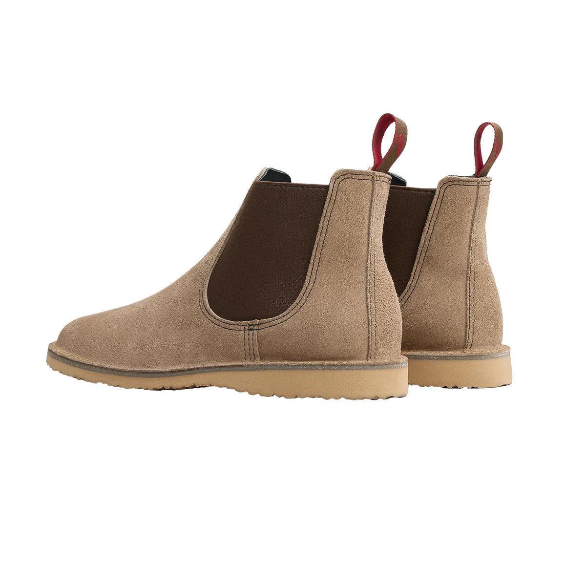 Tom Beckbe Red Wing Weekender Chelsea Boot in tan suede with brown panels and red pull tabs; classic American style.