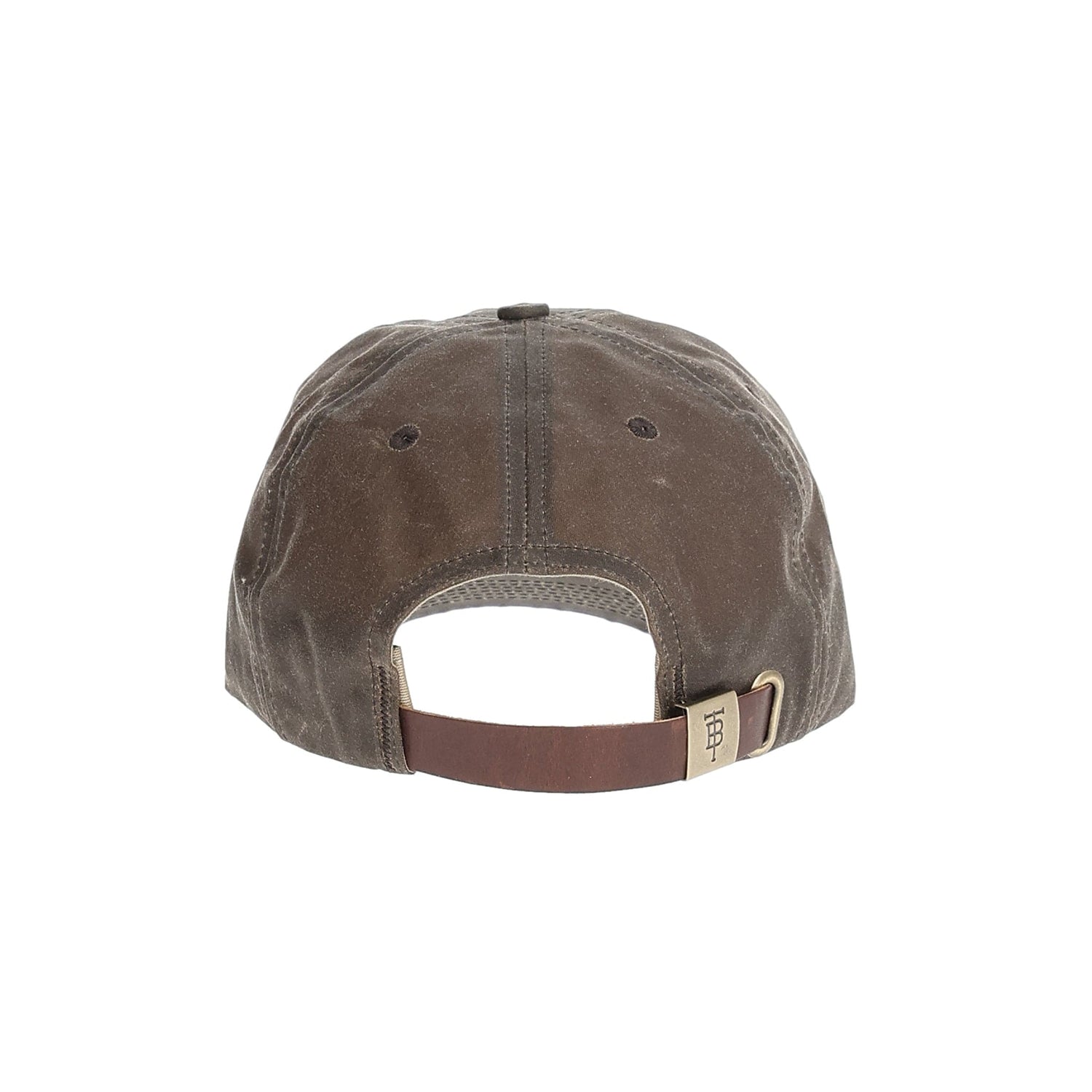Back view of Tom Beckbes Waxed Cotton 6-Panel Baseball Hat with adjustable strap and metal buckle.
