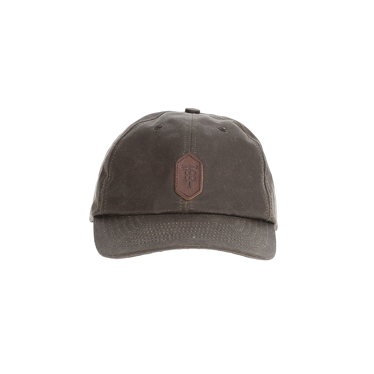 Tom Beckbes Waxed Cotton 6-Panel Baseball Hat in olive green features a brown leather patch and curved brim for style.
