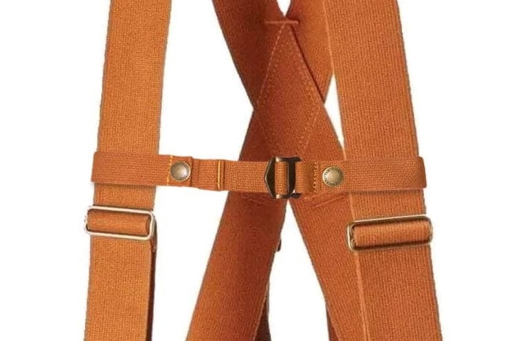 Brown Tom Beckbe suspenders with adjustable straps, a central clasp, and Sternum Strap for extra bird hunting support.