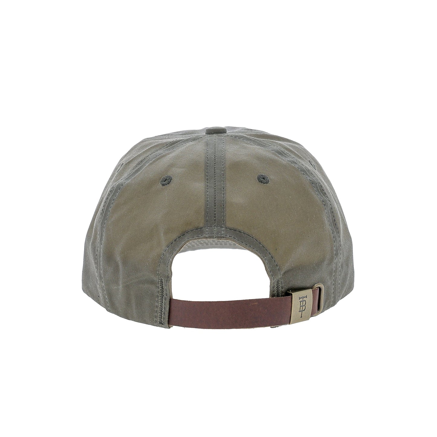Back of Tom Beckbe DU Waxed Cotton 6-Panel Baseball Hat in olive with brown adjustable strap and metal clasp.