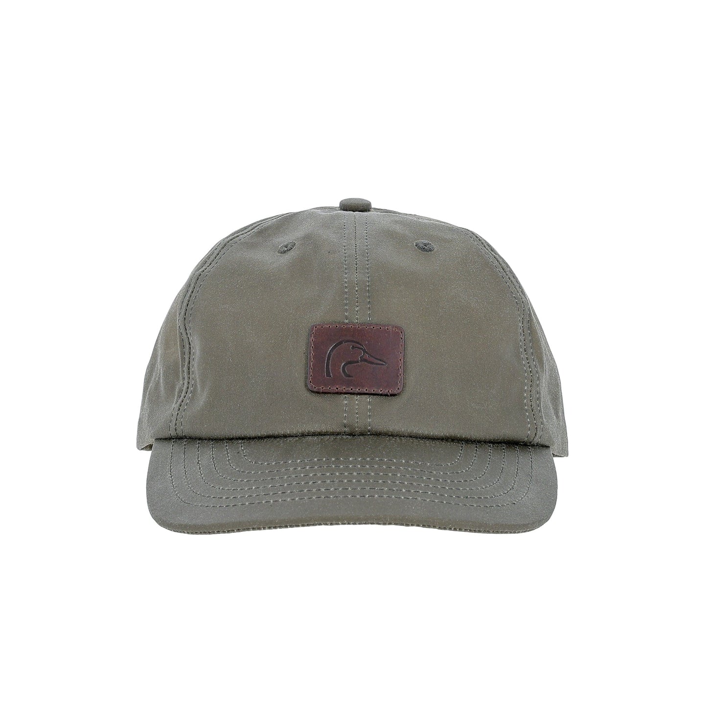 Tom Beckbe DU Waxed Cotton 6-Panel Baseball Hat in olive green with a brown duck patch on the front center.