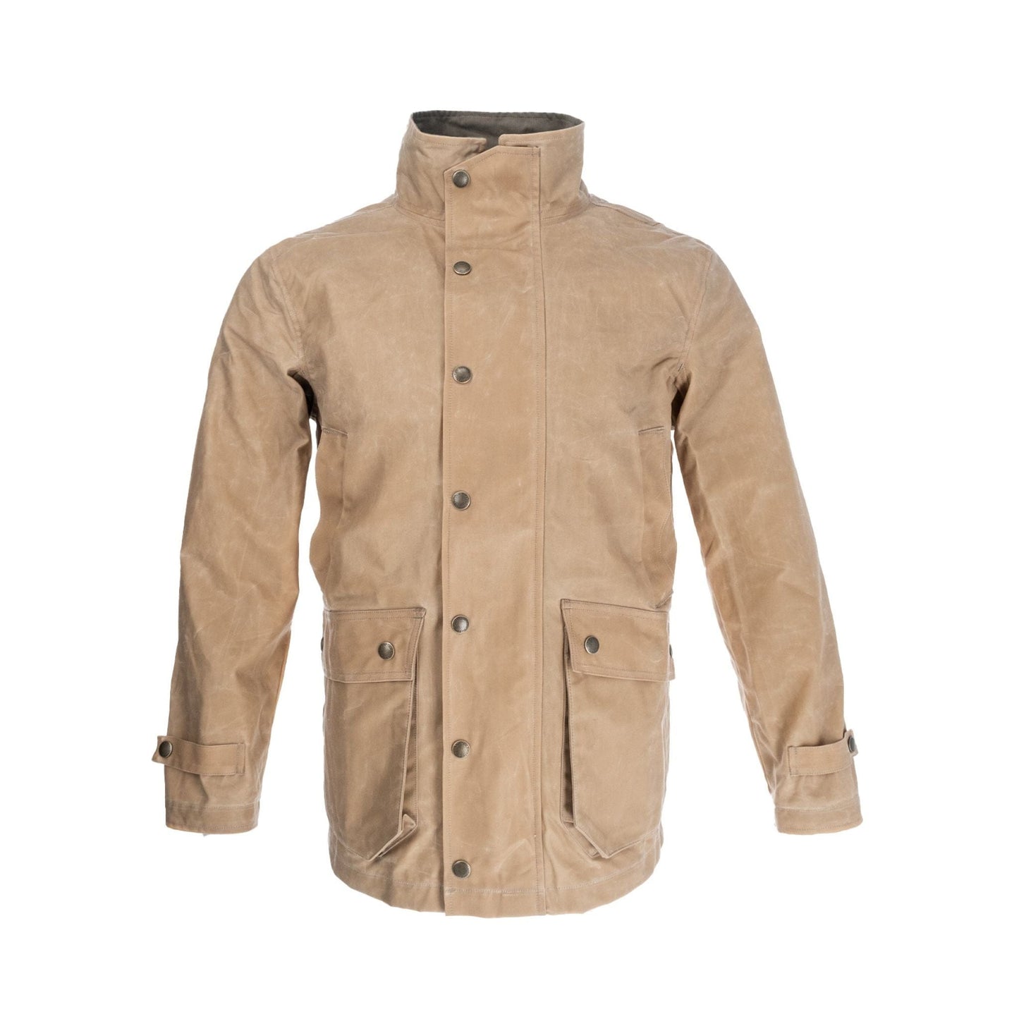 Tom Beckbes beige Tensaw Jacket features a high collar, button closure, and two large front pockets on a white backdrop.