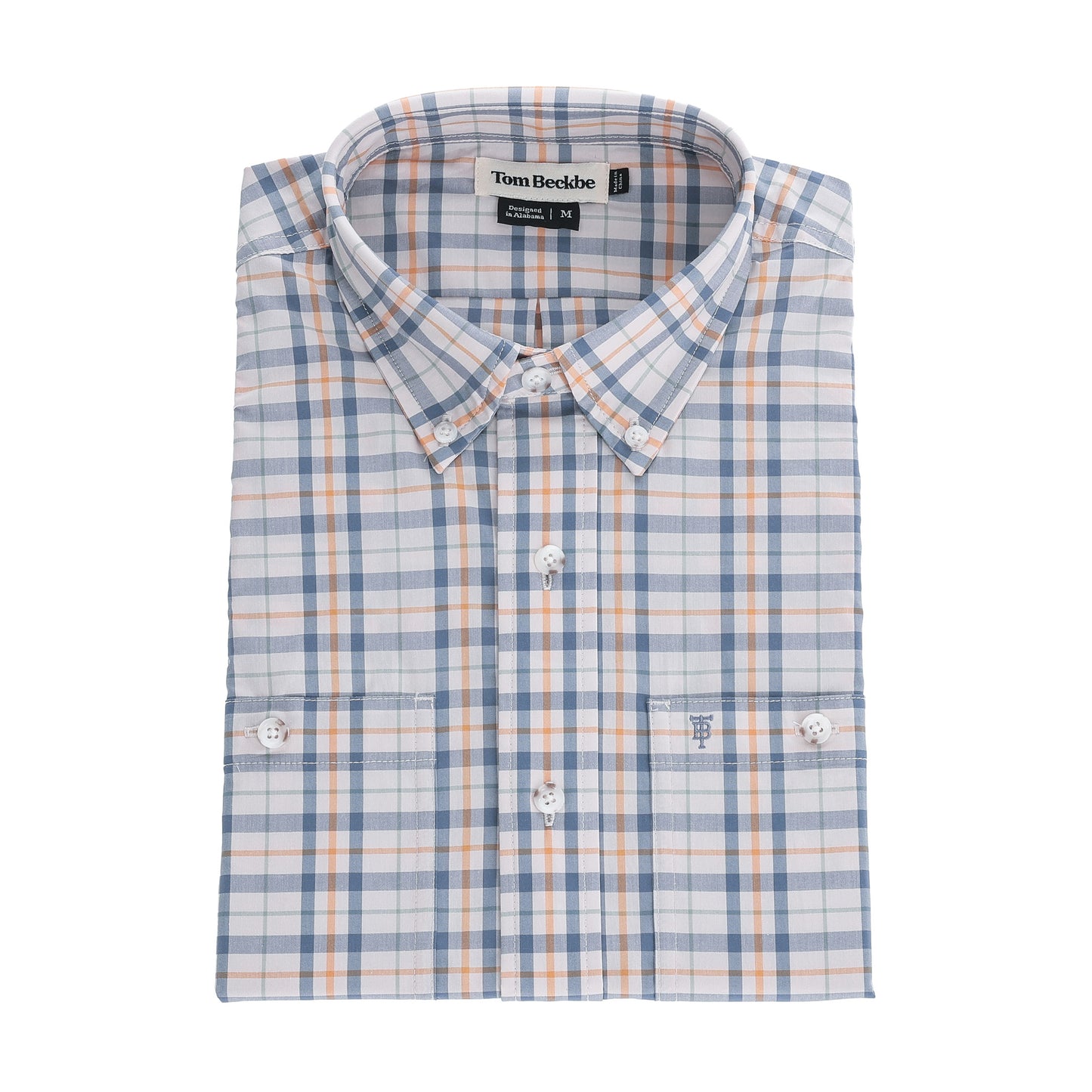 Tom Beckbe Tidewater Shirt: blue-orange plaid, long sleeve, two pockets, collar, UPF 30+ for outdoor comfort.