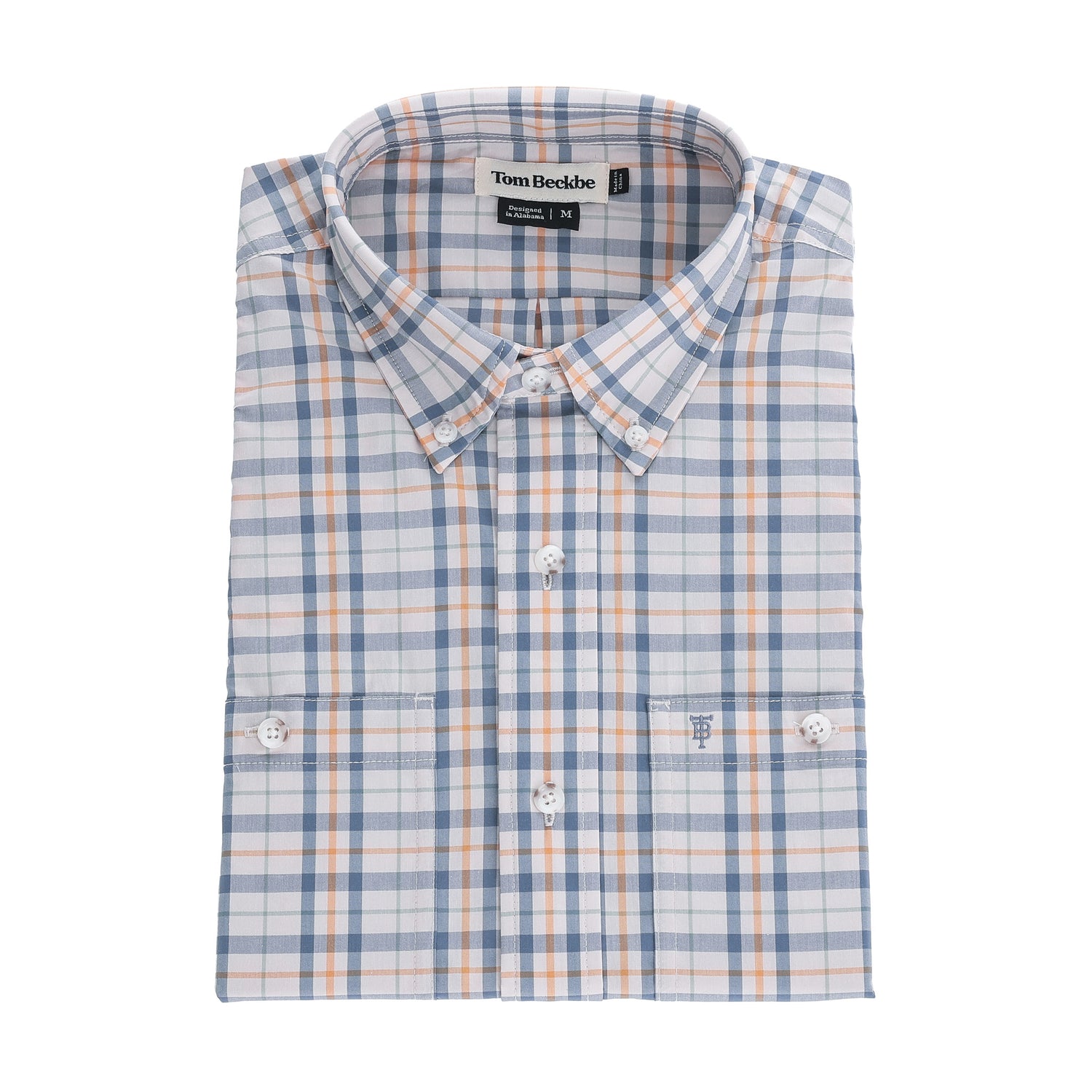 Tom Beckbe Tidewater Shirt: blue-orange plaid, long sleeve, two pockets, collar, UPF 30+ for outdoor comfort.