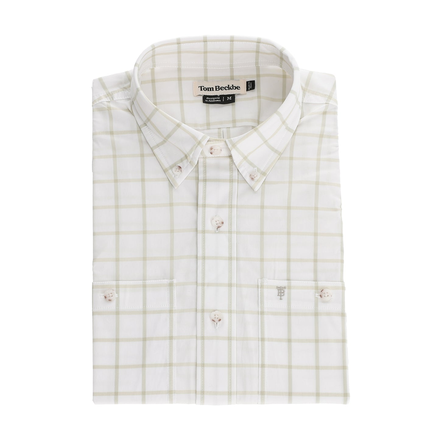The Tom Beckbe Tidewater Shirt: folded white, light beige plaid, chest pocket, UPF 30+ on white background.