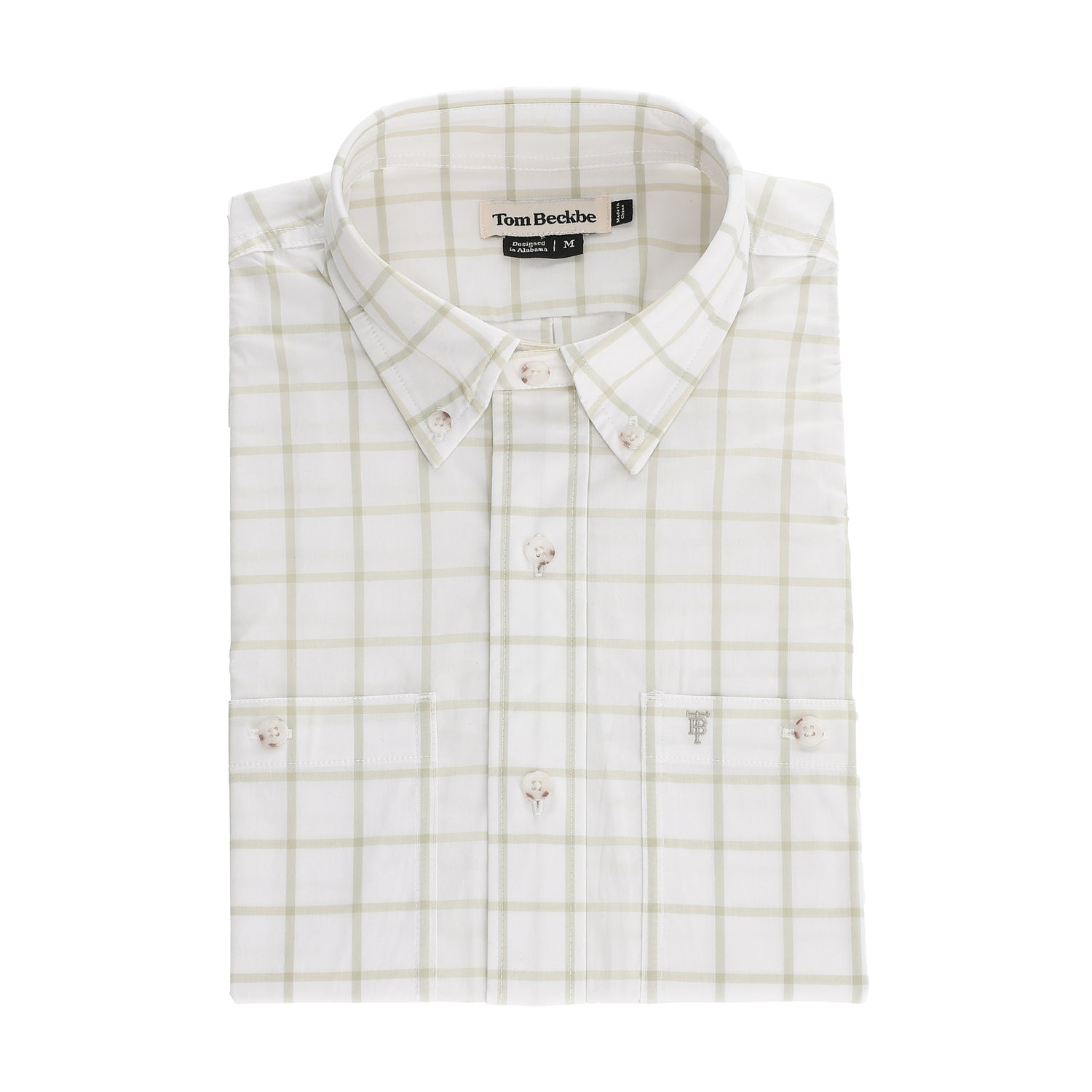 The Tom Beckbe Tidewater Shirt: folded white, light beige plaid, chest pocket, UPF 30+ on white background.