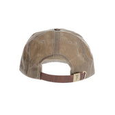 Back view of the Tom Beckbe Waxed Cotton 6-Panel Baseball Hat, featuring white stitching and a leather strap with gold buckle.