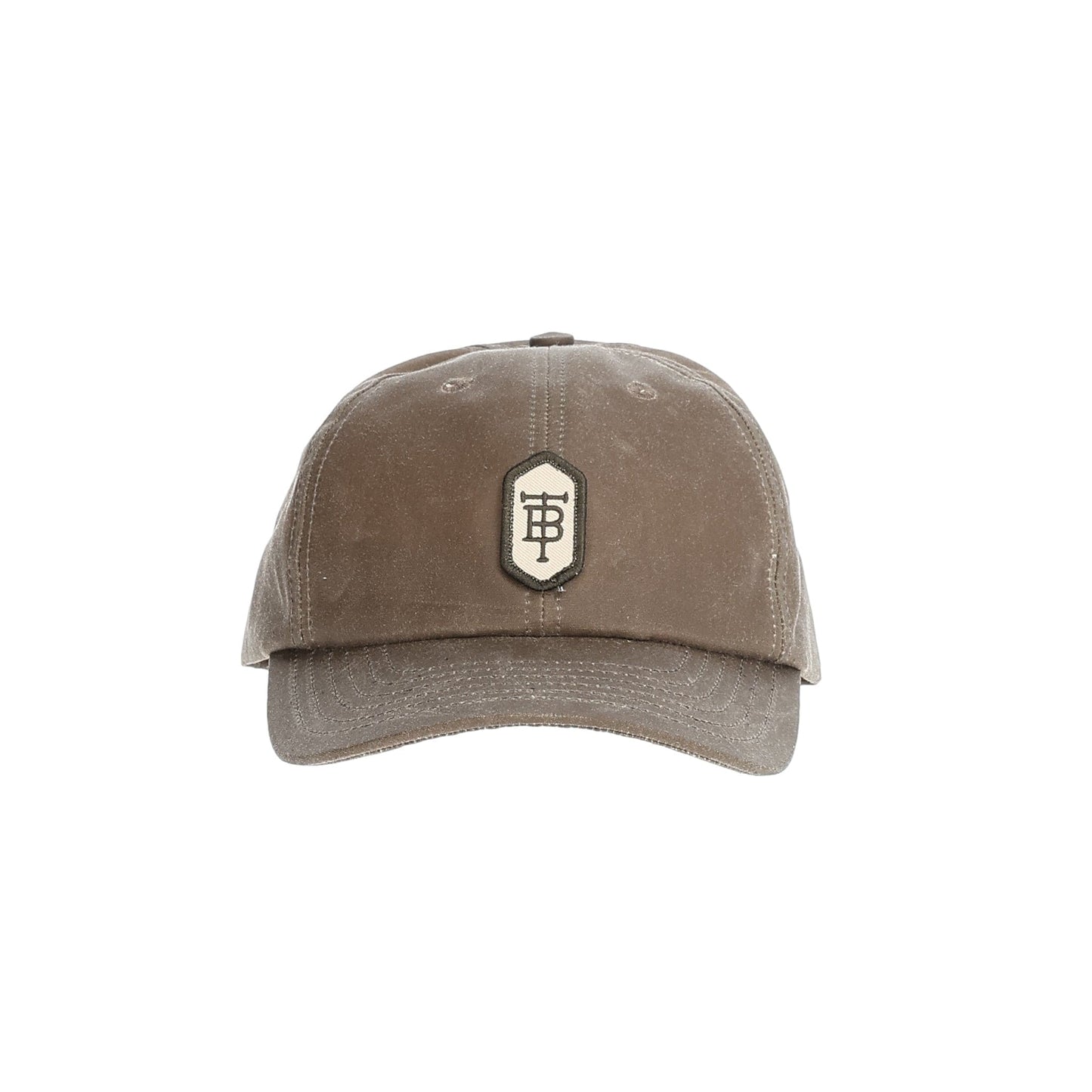 Tom Beckbe Waxed Cotton 6-Panel Baseball Hat: brown with black & white logo patch on front featuring a stylized B.