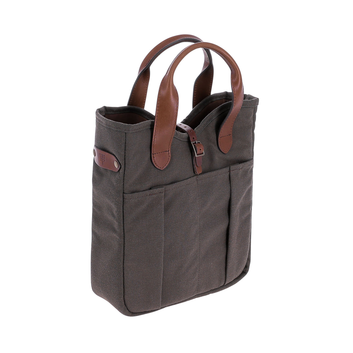 Tom Beckbe Canvas Whiskey Tote in dark gray waxed canvas with brown leather handles and two front pockets, upright.