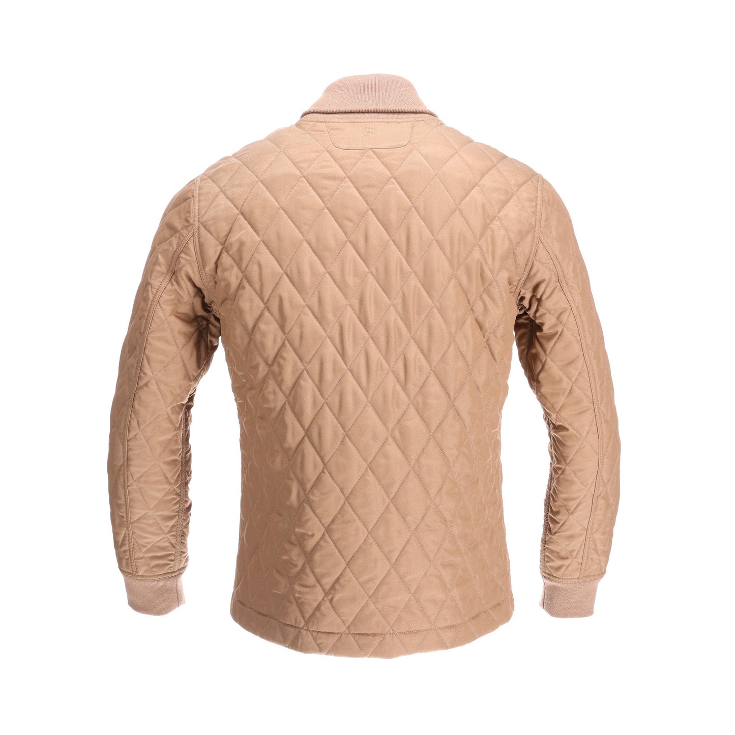 Rear view of the Tom Beckbe Logan Bomber Jacket, a vintage-style beige quilted design with long sleeves and ribbed cuffs.
