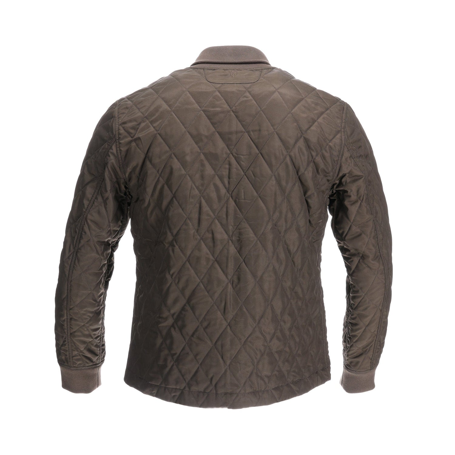 Back view of Tom Beckbes brown quilted Logan Bomber Jacket, long sleeves and collar, on a white background.