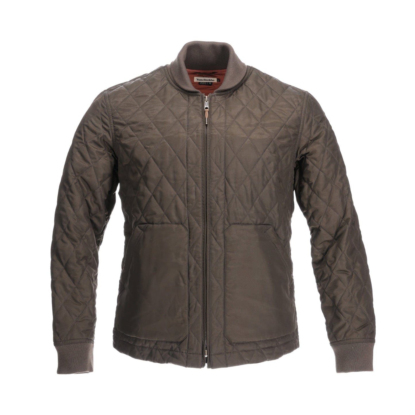 A vintage-style Logan Bomber Jacket by Tom Beckbe in brown, with quilting, zipper closure, and two front pockets.