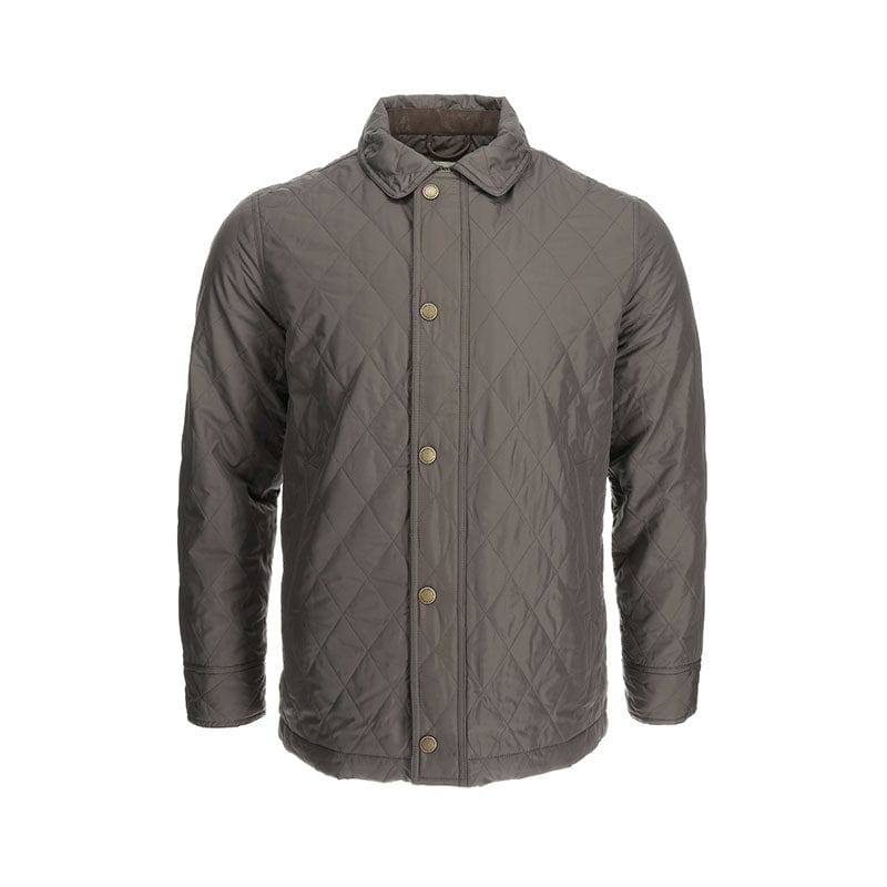 The Braddock Quilted Jacket by Tom Beckbe is gray, water-resistant, with diamond stitching, long sleeves & button-up front.