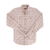 Tom Beckbe Dixon Brushed Cotton Twill Shirt in beige and light pink plaid with two chest pockets, laid flat on white.