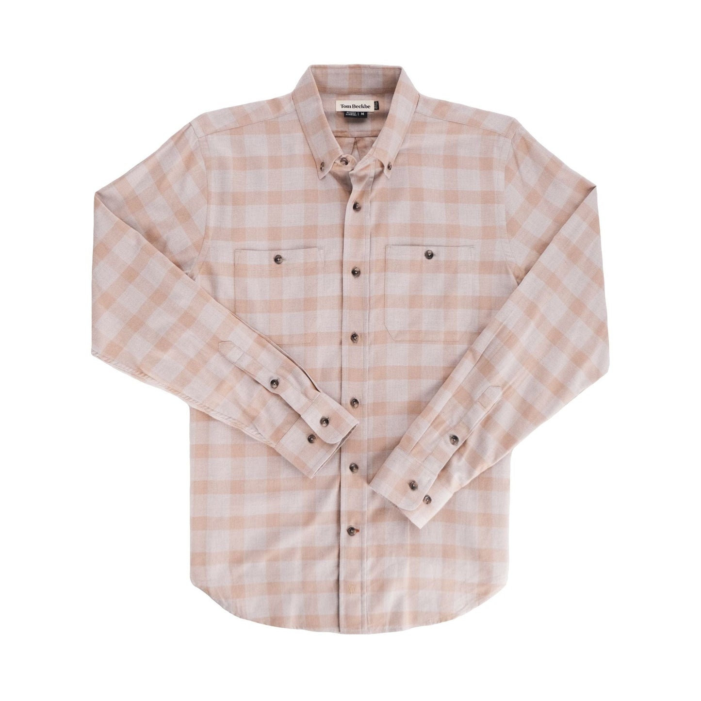 Tom Beckbe Dixon Brushed Cotton Twill Shirt in beige and light pink plaid with two chest pockets, laid flat on white.