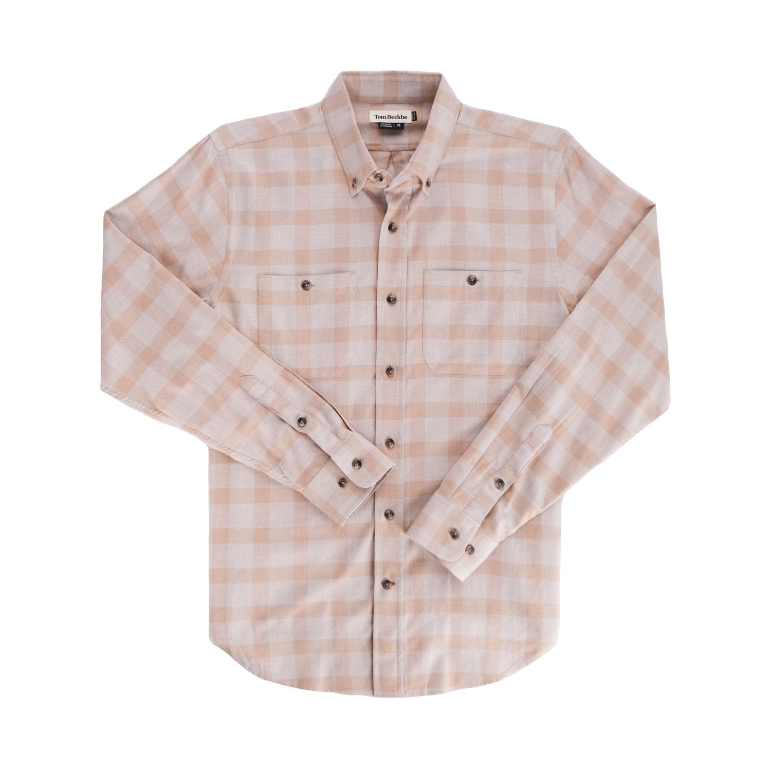 Tom Beckbe Dixon Brushed Cotton Twill Shirt in beige and light pink plaid with two chest pockets, laid flat on white.