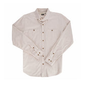 The Tom Beckbe Dixon Brushed Cotton Twill Shirt, medium-weight with two chest pockets, shown flat in light beige.