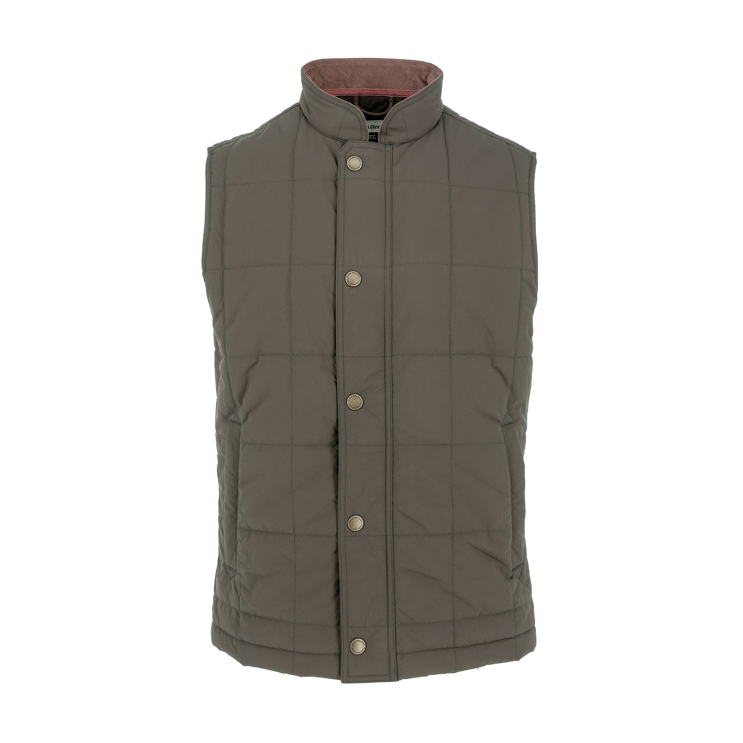 Tom Beckbe Burgess Quilted Vest in olive green, insulated and water repellent with snap closure and high collar.