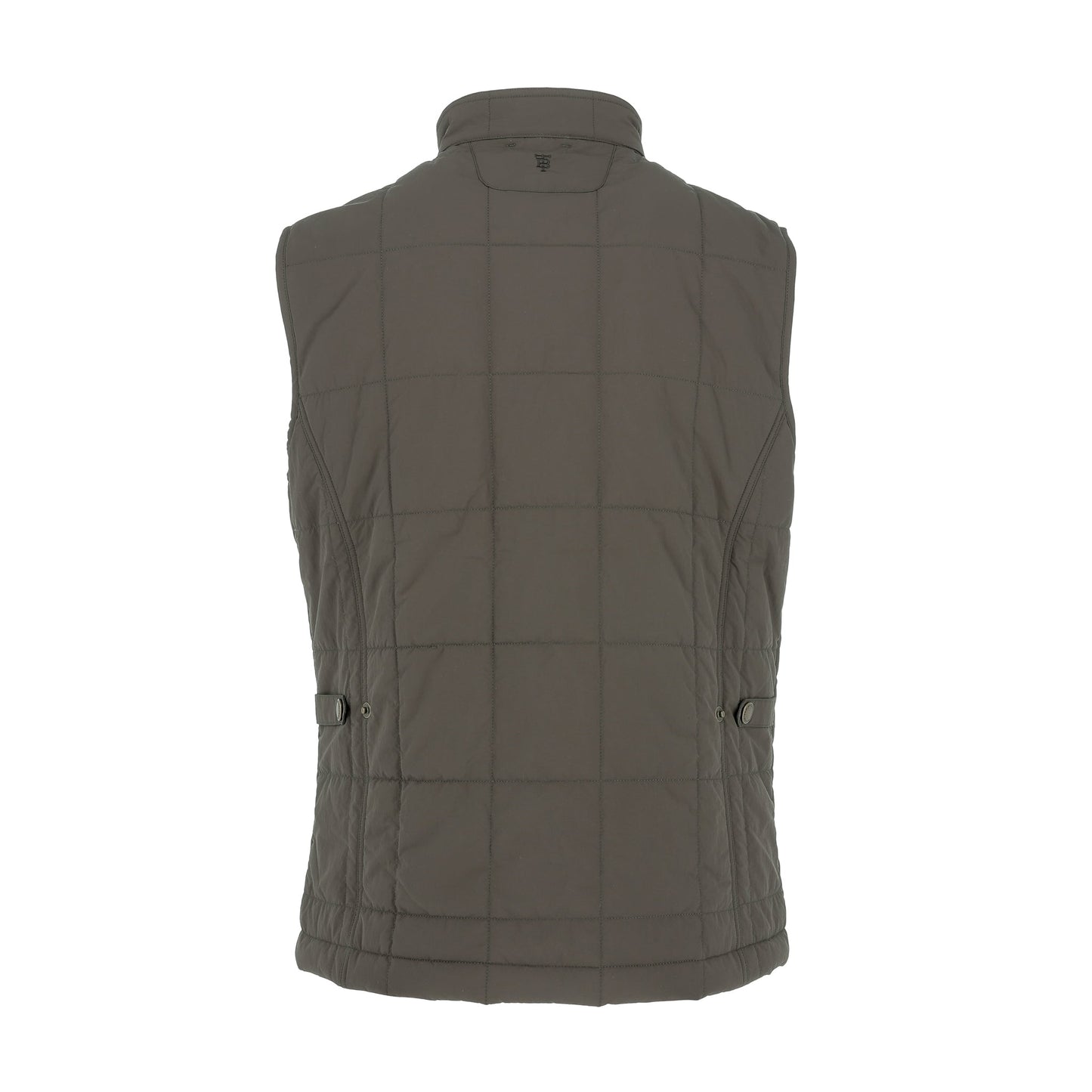 Back view of the Tom Beckbe Burgess Quilted Vest with high collar, insulated design, and adjustable side tabs.