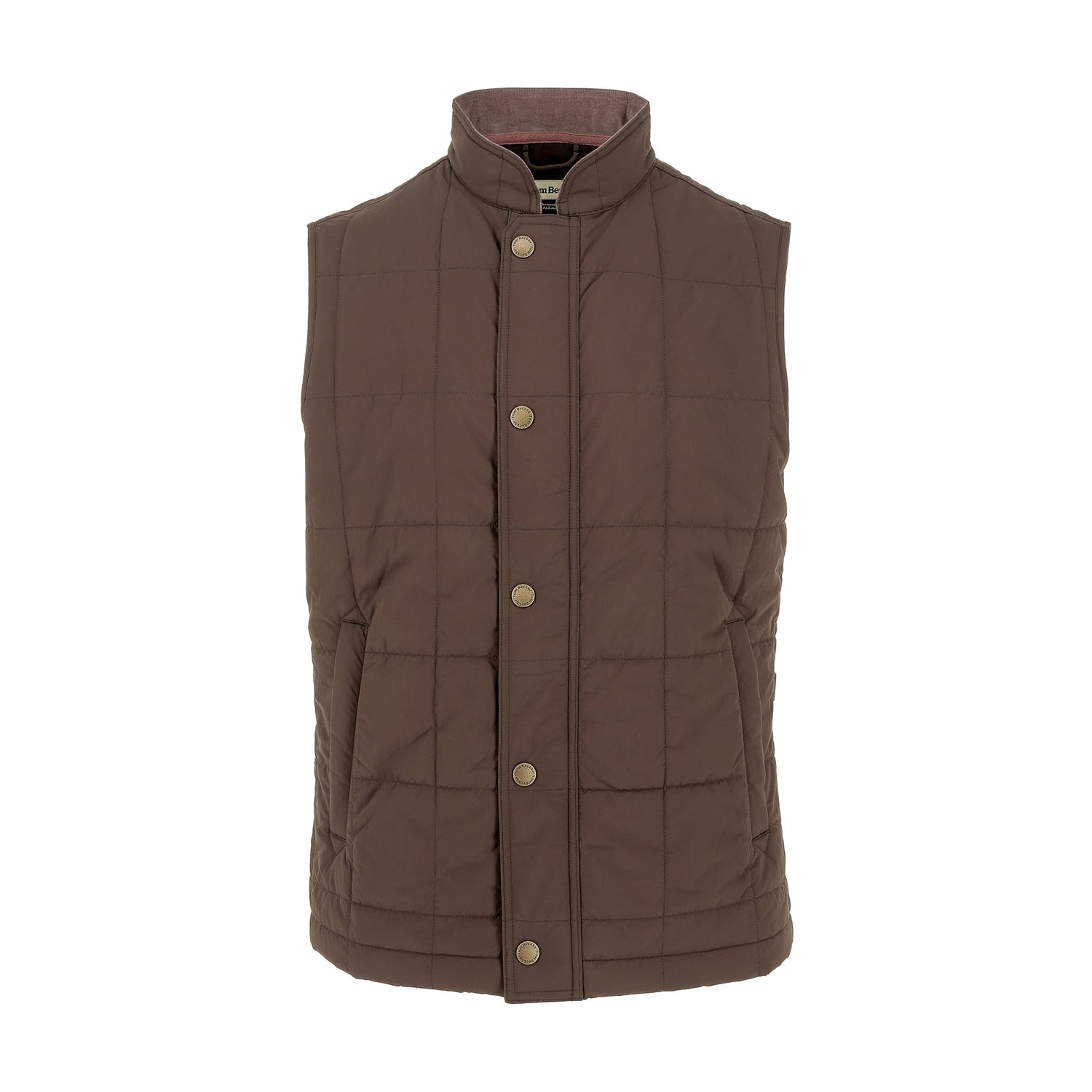 The Tom Beckbe Burgess Quilted Vest in brown features front snap buttons and side pockets, shown on a white background.