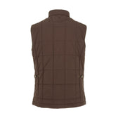 The Tom Beckbe Burgess Quilted Vest for men is shown from the back with a stand collar and buttoned side tabs.