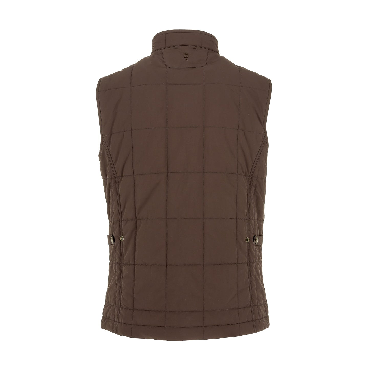 The Tom Beckbe Burgess Quilted Vest for men is shown from the back with a stand collar and buttoned side tabs.