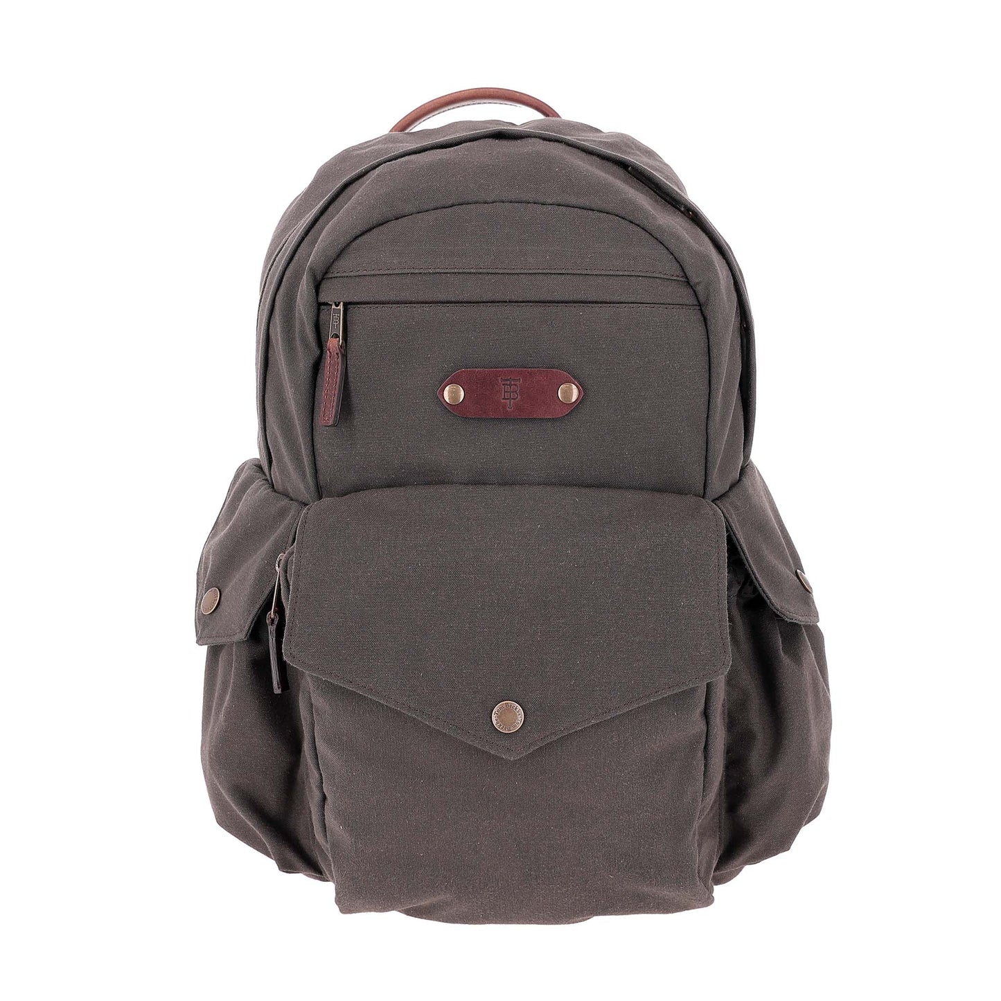 The Tom Beckbe Canvas Backpack is dark gray waxed canvas with multiple pockets, a front flap, and a top zipper.