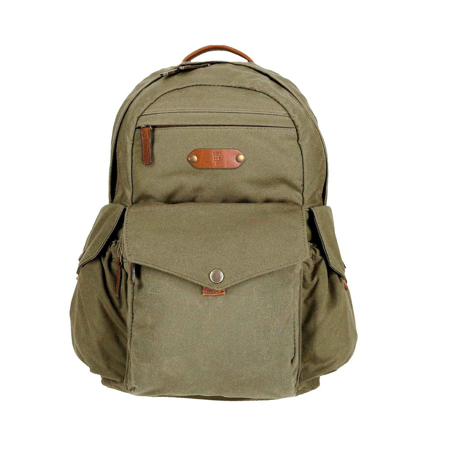Tom Beckbe Canvas Backpack: Khaki waxed canvas, laptop sleeve, brown leather accents, and multiple pockets.
