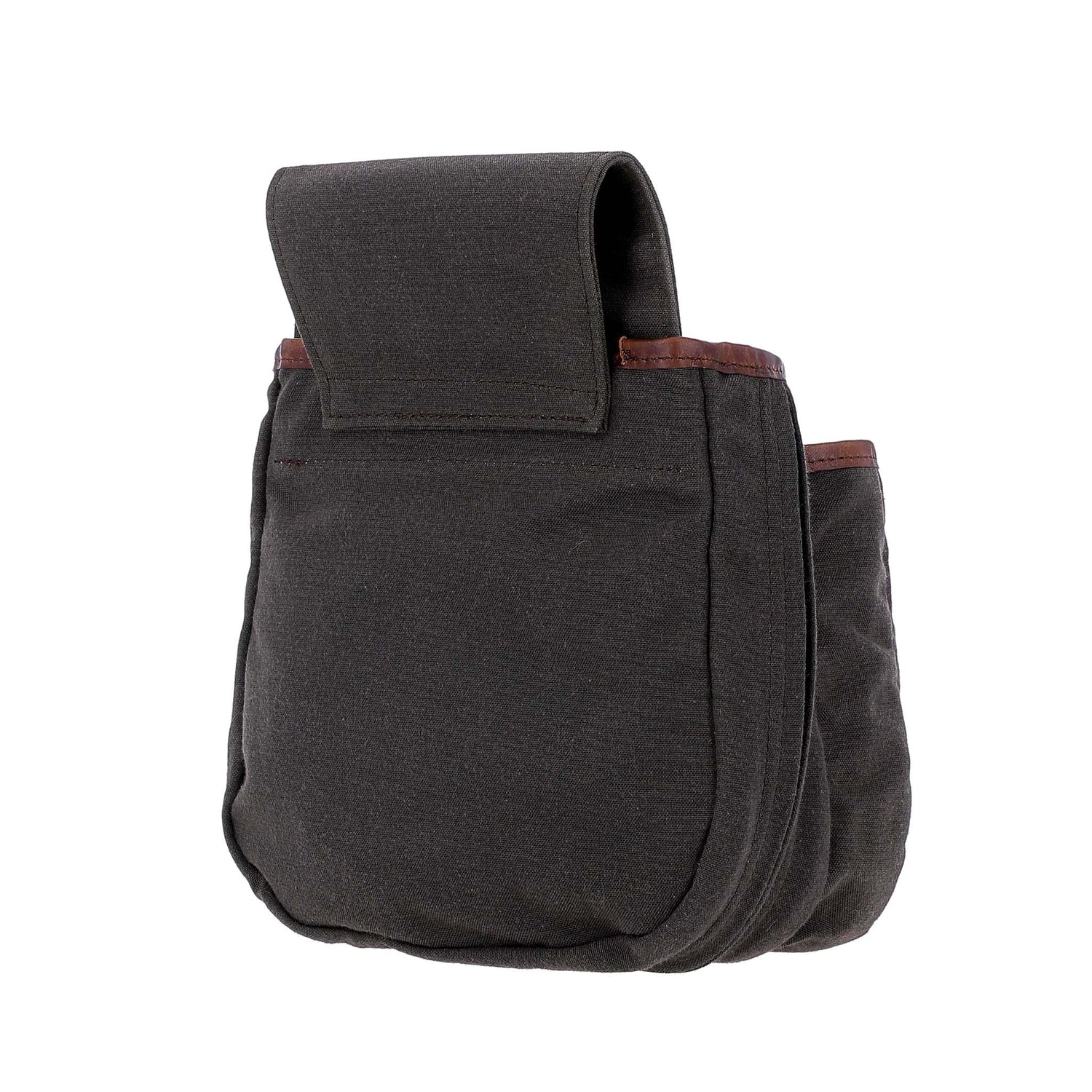 The Tom Beckbe Canvas Shell Bag is a dark waxed pouch with brown trim, perfect for shotgun shells, shown on white.