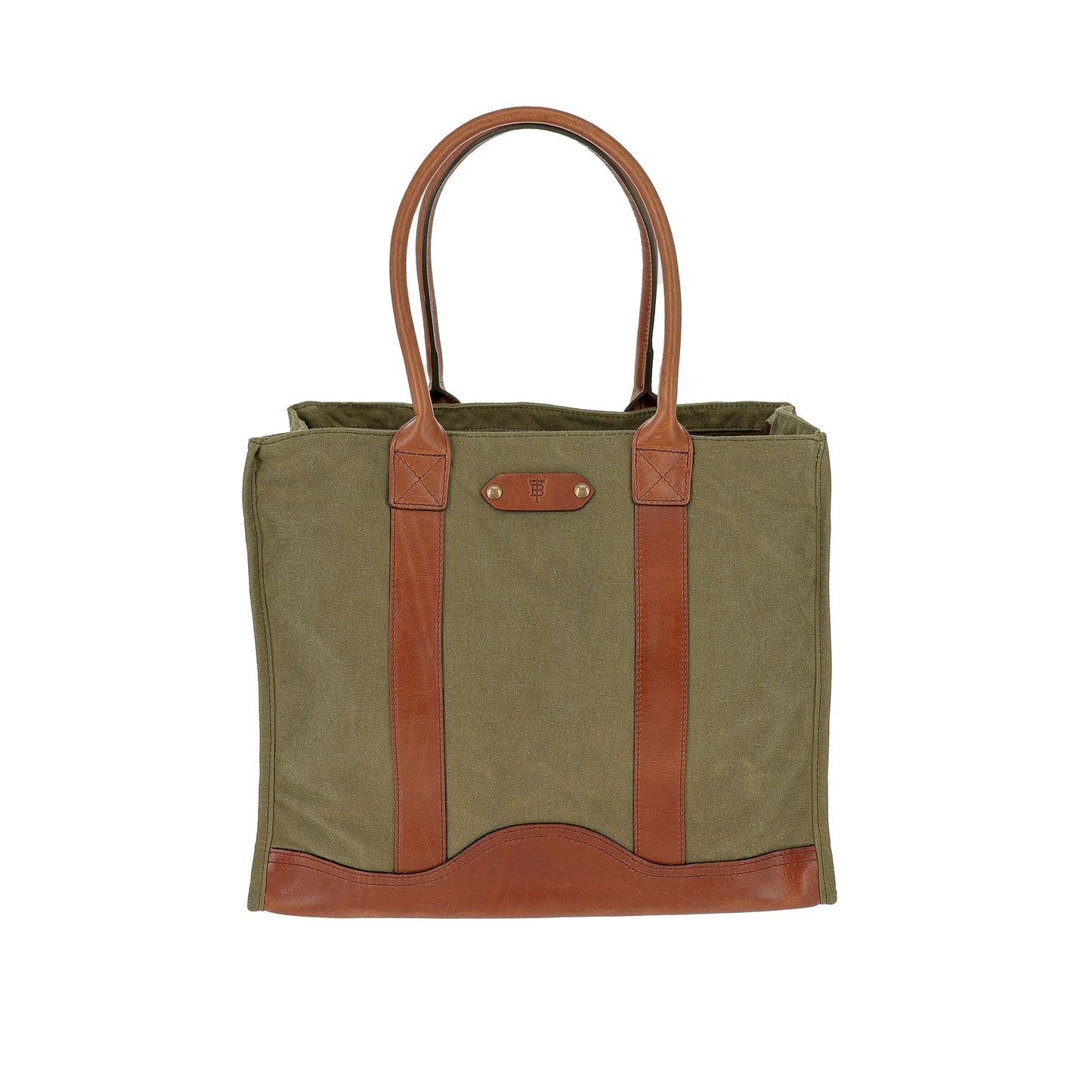 Tom Beckbe Canvas Carryall Bag in olive green with brown leather handles and trim, shown on a white background.