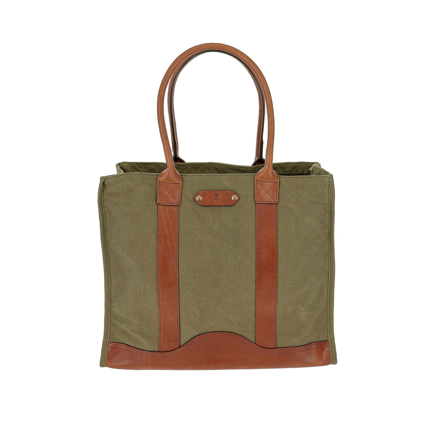 Tom Beckbe Canvas Carryall Bag in olive green with brown leather handles and trim, shown on a white background.