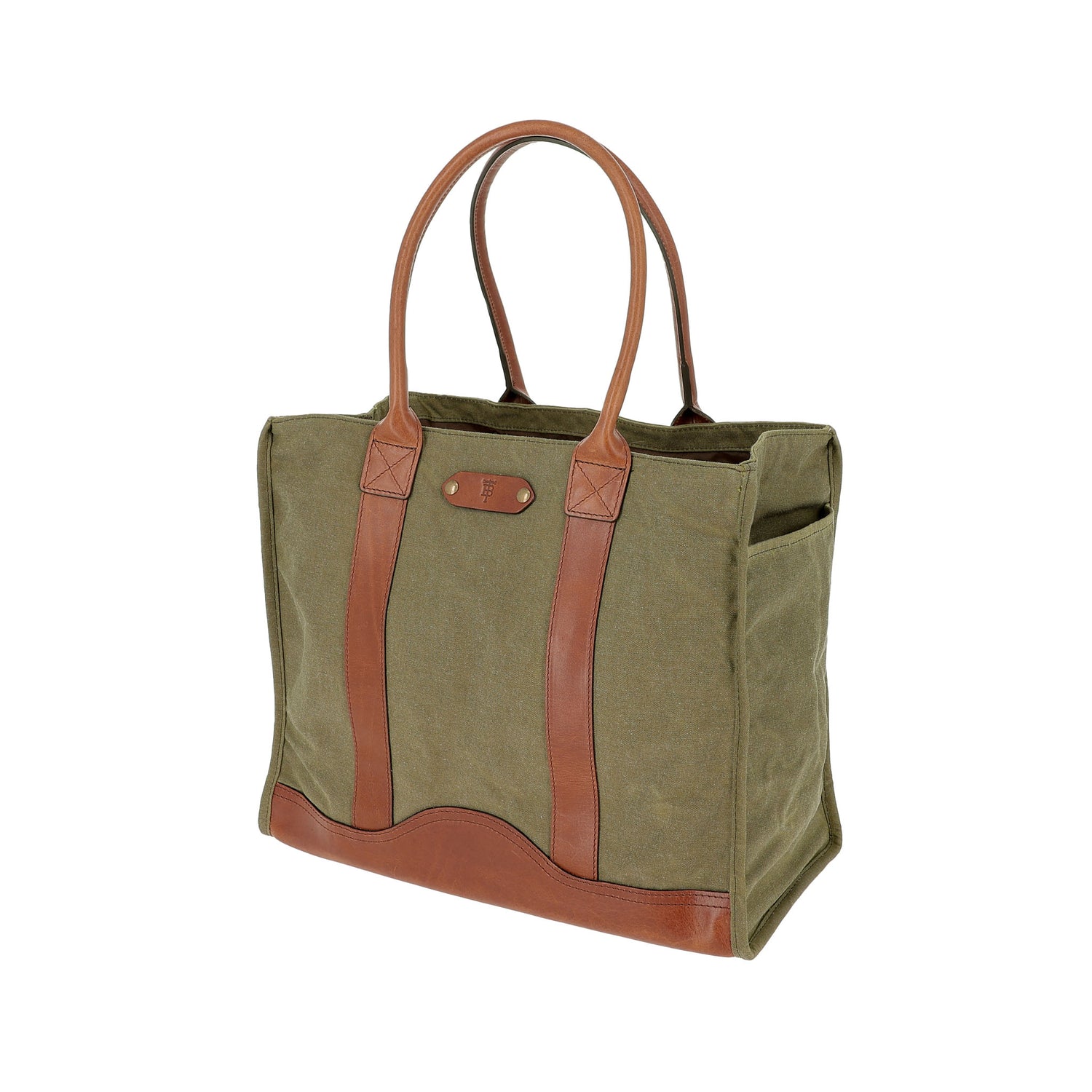 Tom Beckbe Canvas Carryall Bag in olive green canvas with brown leather handles, shown on a white background.