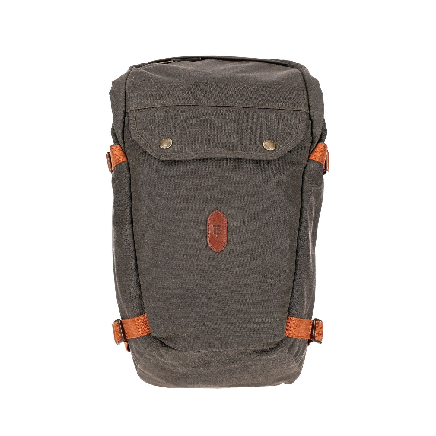 Tom Beckbes dark green Canvas Daypack features brown leather accents, adjustable straps, and a metal-button top flap.