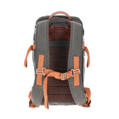 Tom Beckbe Canvas Daypack: Gray/brown waxed canvas, orange straps, padded back panel, leather top handle.