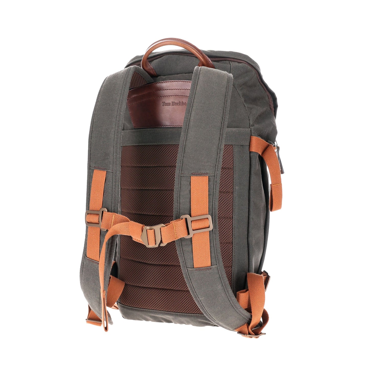 Back view of Tom Beckbes gray Canvas Daypack with brown straps, mesh padding, and adjustable shoulder straps.