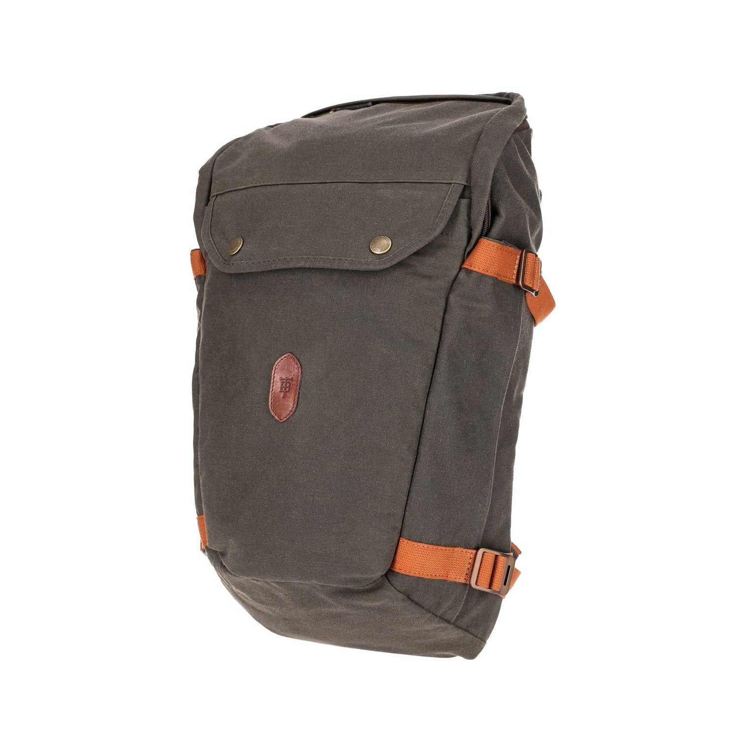 The Canvas Daypack by Tom Beckbe: dark green with orange straps, a front flap pocket, and padded laptop sleeve.