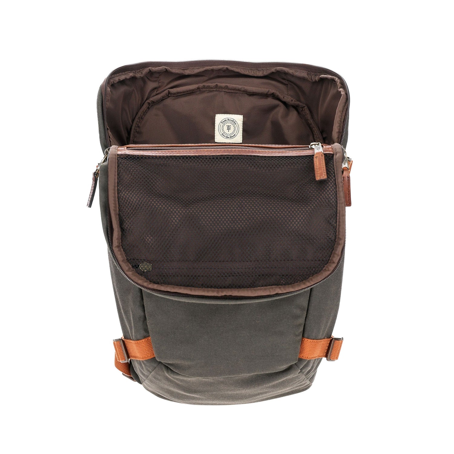 Open Tom Beckbe olive green Canvas Daypack with brown interior, mesh pocket, orange straps on white background.