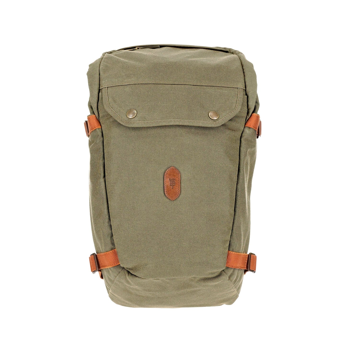 The Tom Beckbe Canvas Daypack has a khaki design, brown leather details, adjustable straps, and a padded laptop sleeve.