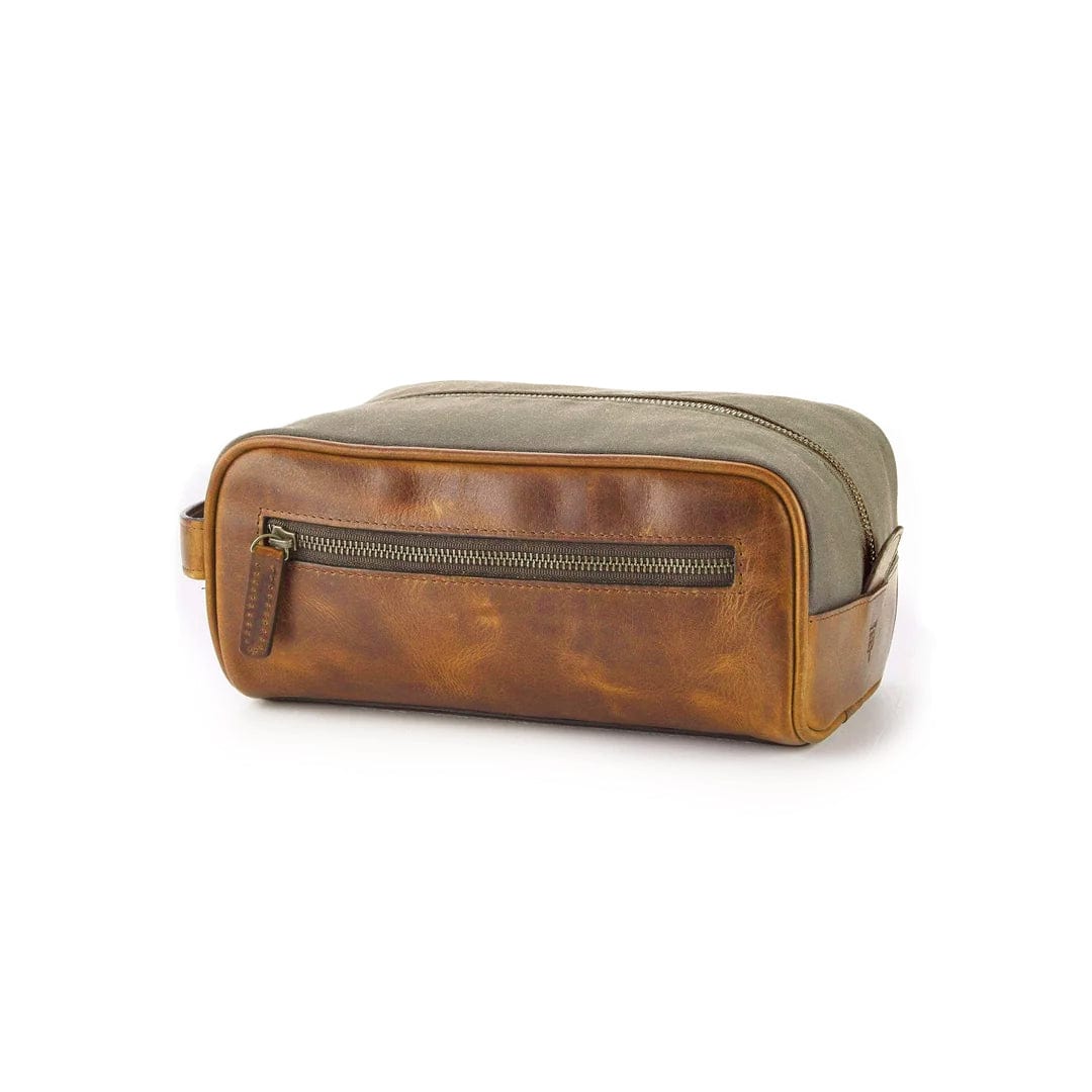 Tom Beckbes Canvas Dopp Kit: brown & green leather toiletry bag with waterproof liner, zippered compartment & side handle.