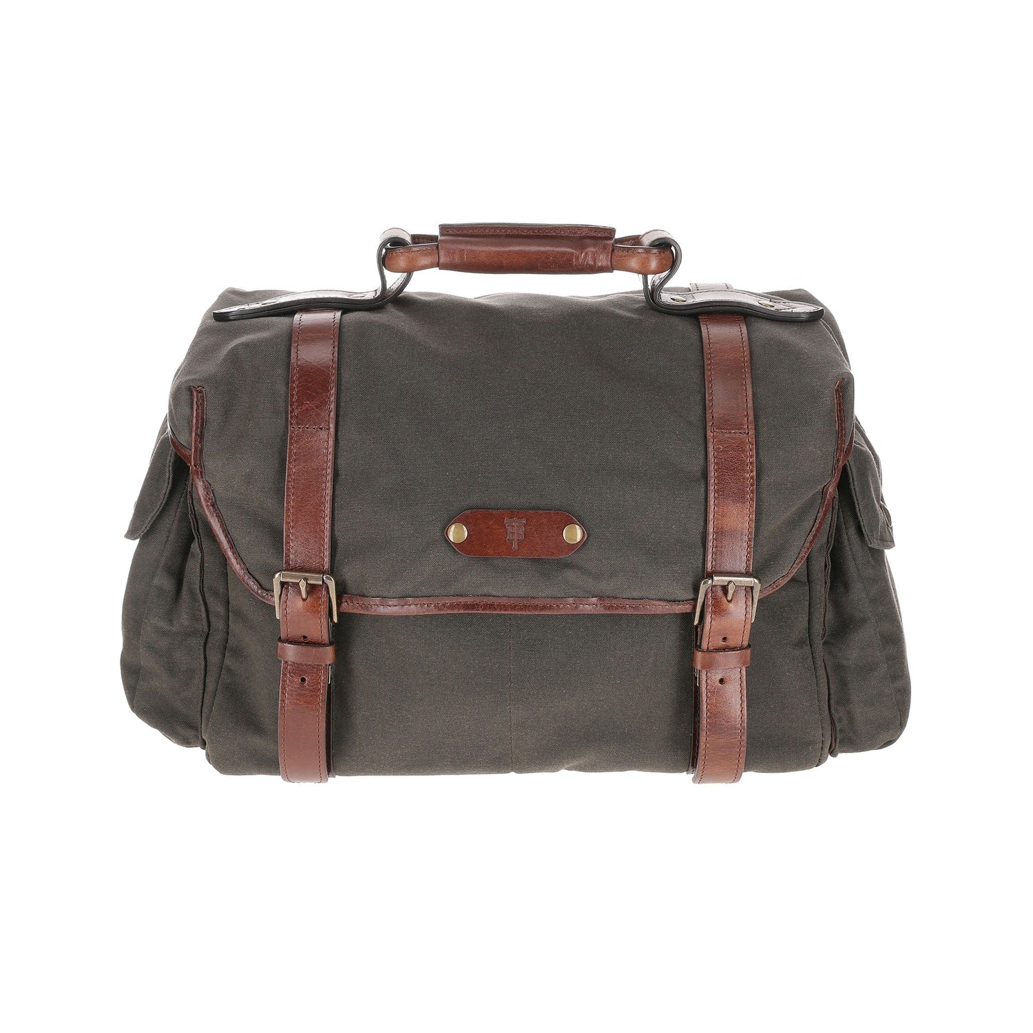 The Canvas Field Bag by Tom Beckbe features waxed cotton, brown leather straps, buckle closure, and side pockets.