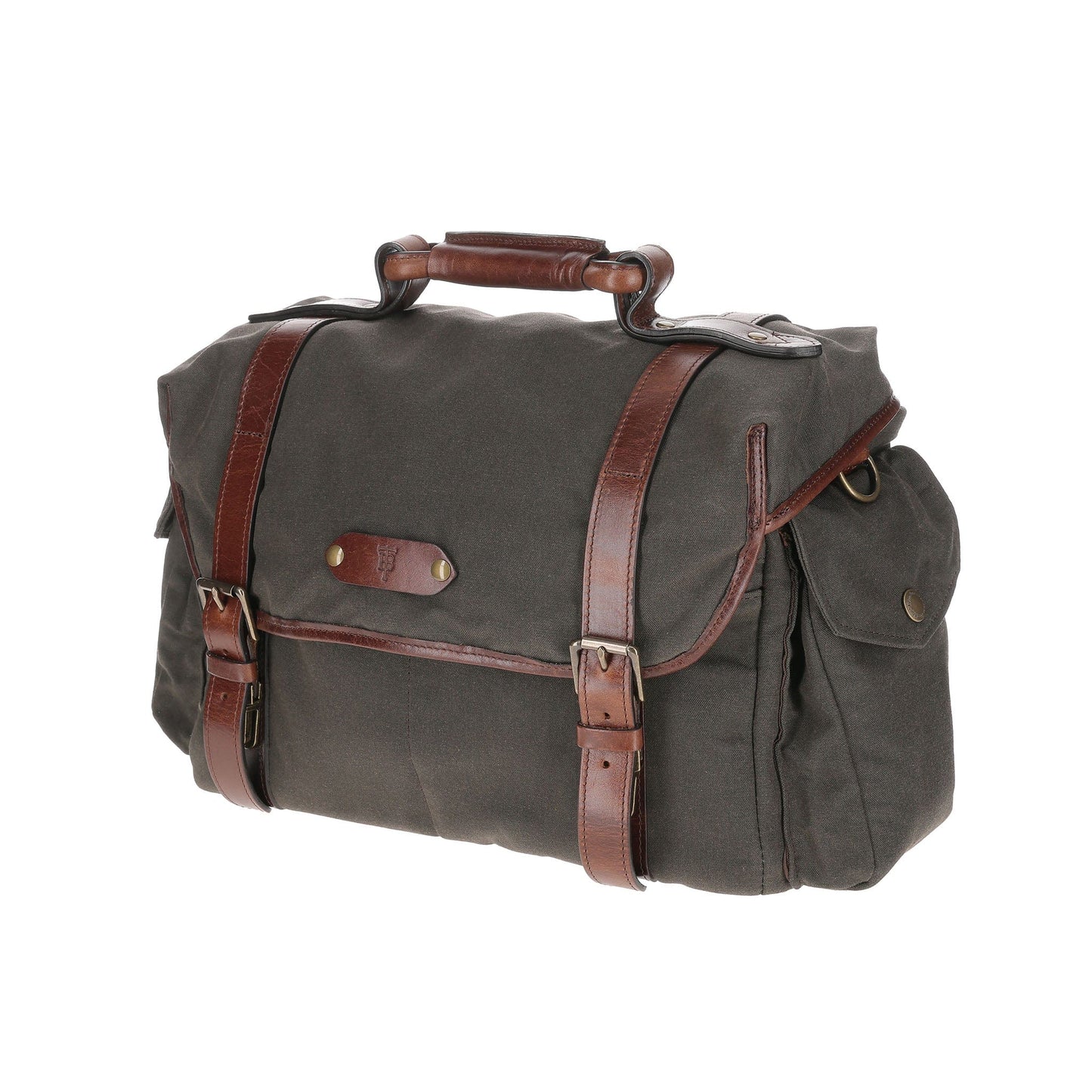The Canvas Field Bag by Tom Beckbe features rugged green waxed canvas, brown leather straps, brass buckles, and side pockets.