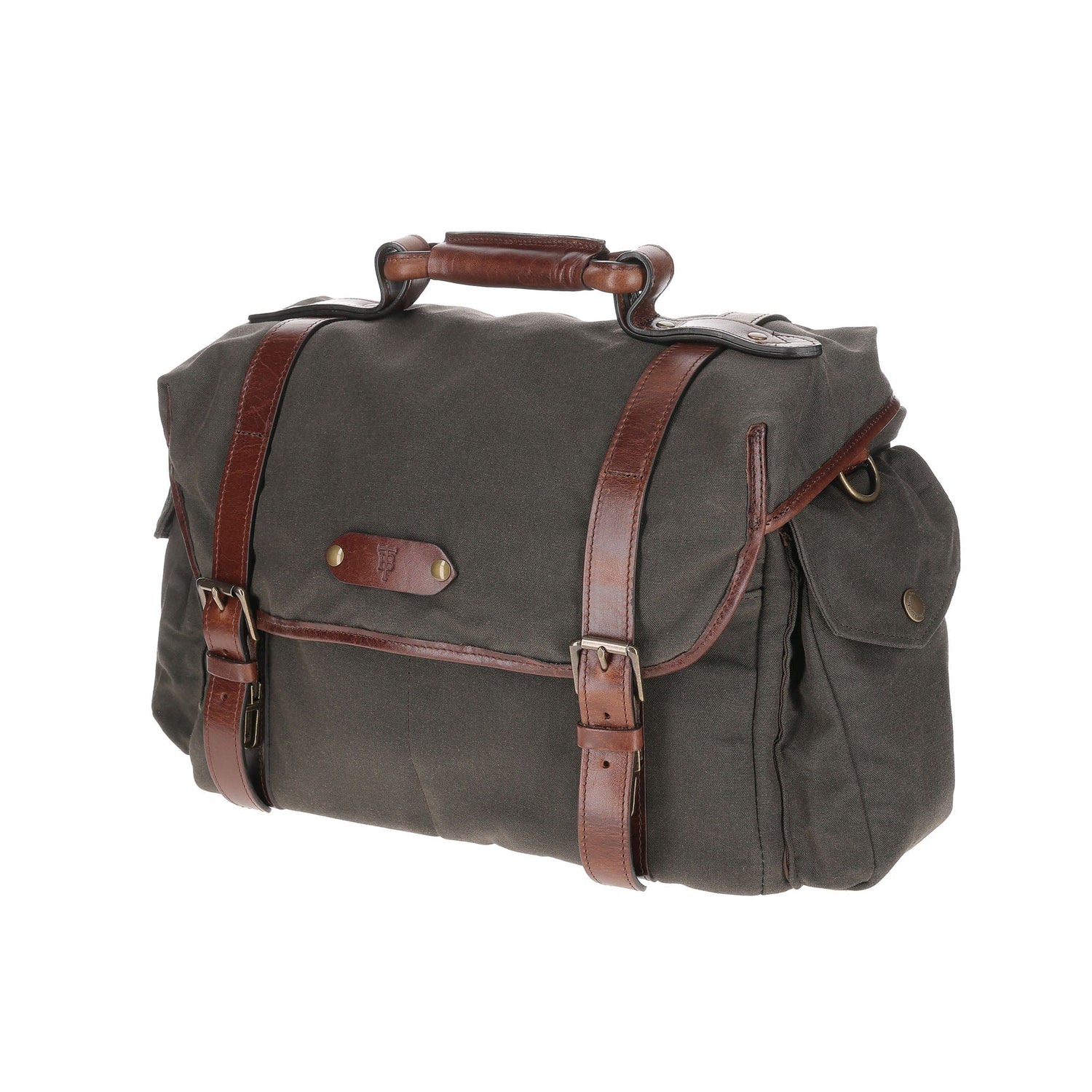 The Canvas Field Bag by Tom Beckbe features rugged green waxed canvas, brown leather straps, brass buckles, and side pockets.