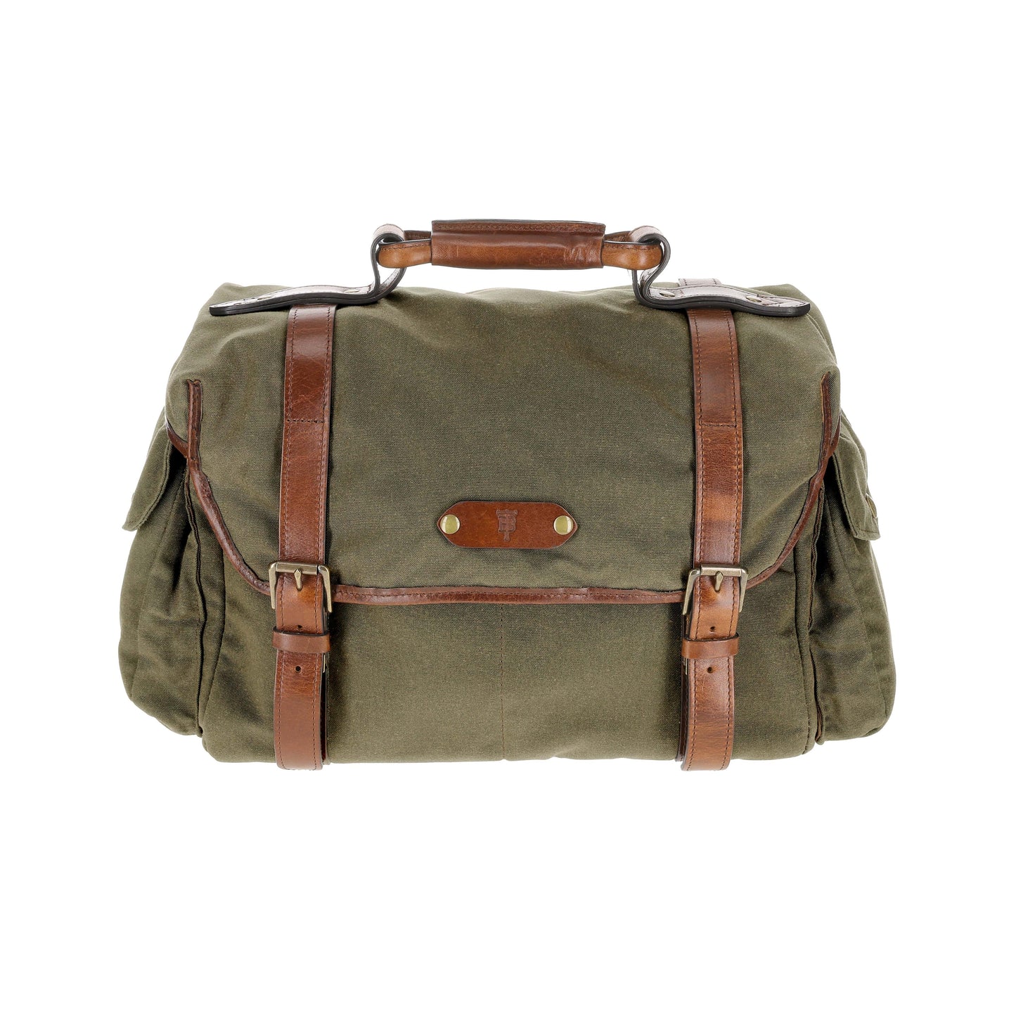 The rugged Canvas Field Bag by Tom Beckbe features a waxed cotton canvas, leather straps, flap closure, and side pockets.