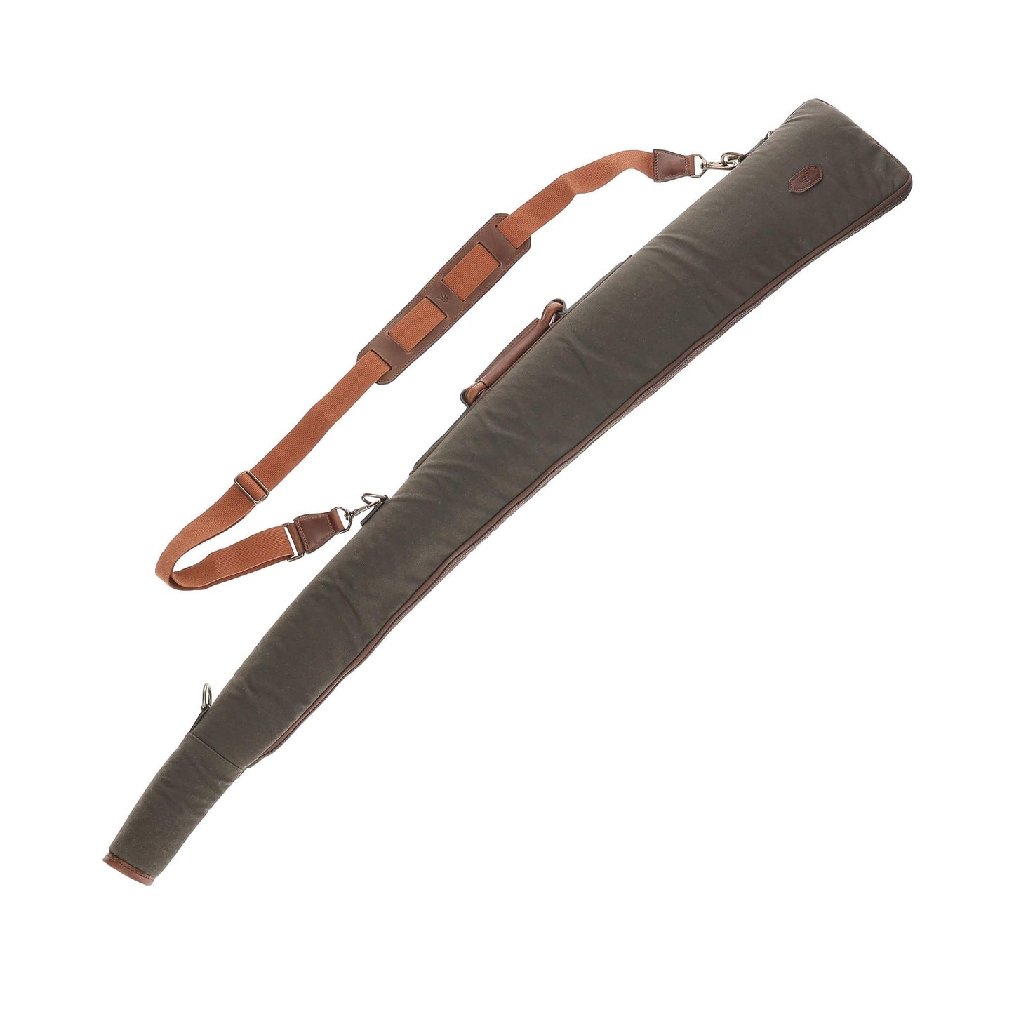 Tom Beckbes Canvas Gun Sleeve with green padding, brown adjustable strap, and leather accents.