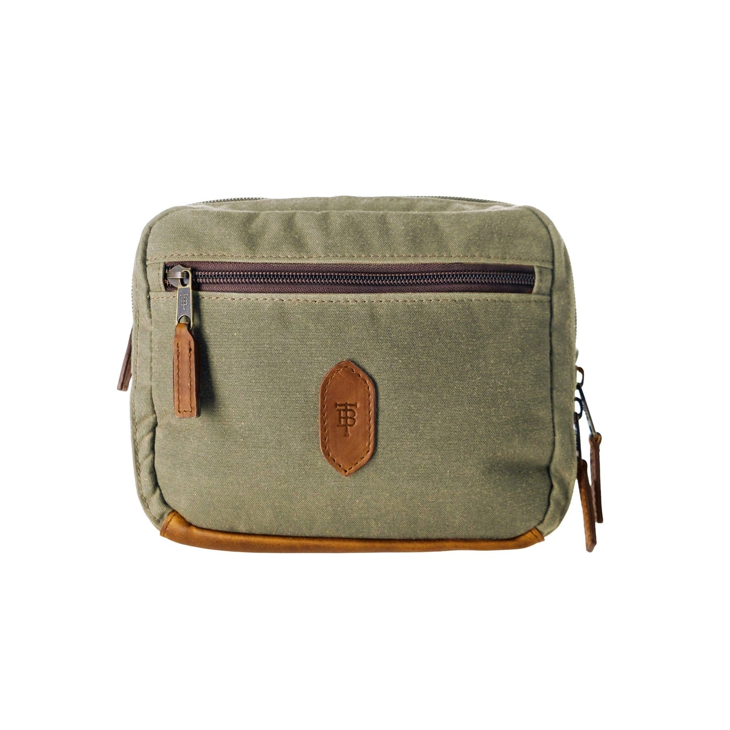 Olive-green Tom Beckbe Canvas Hanging Toiletry Bag with zip pocket, brown leather accents, and logo emblem.