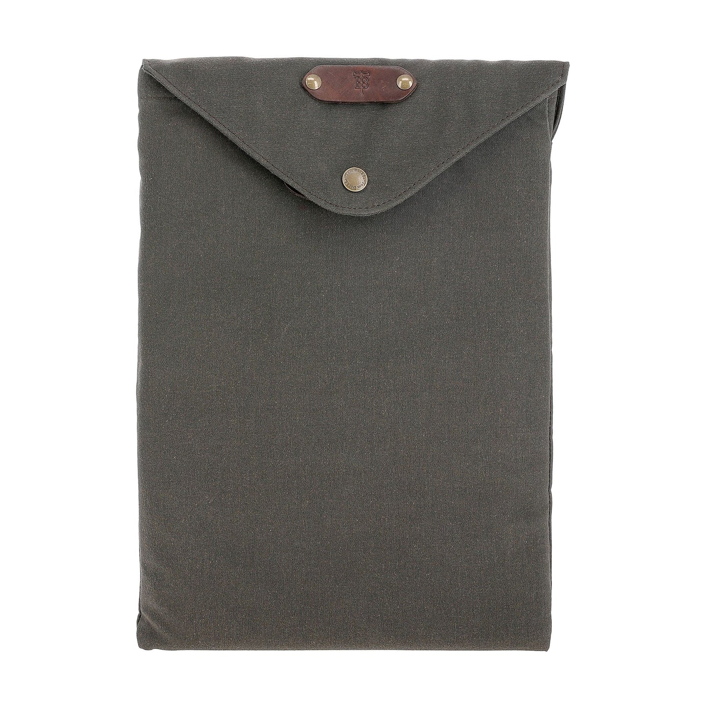 The Tom Beckbe Canvas Portfolio is dark green, weatherproof, with a button closure and a leather accent.