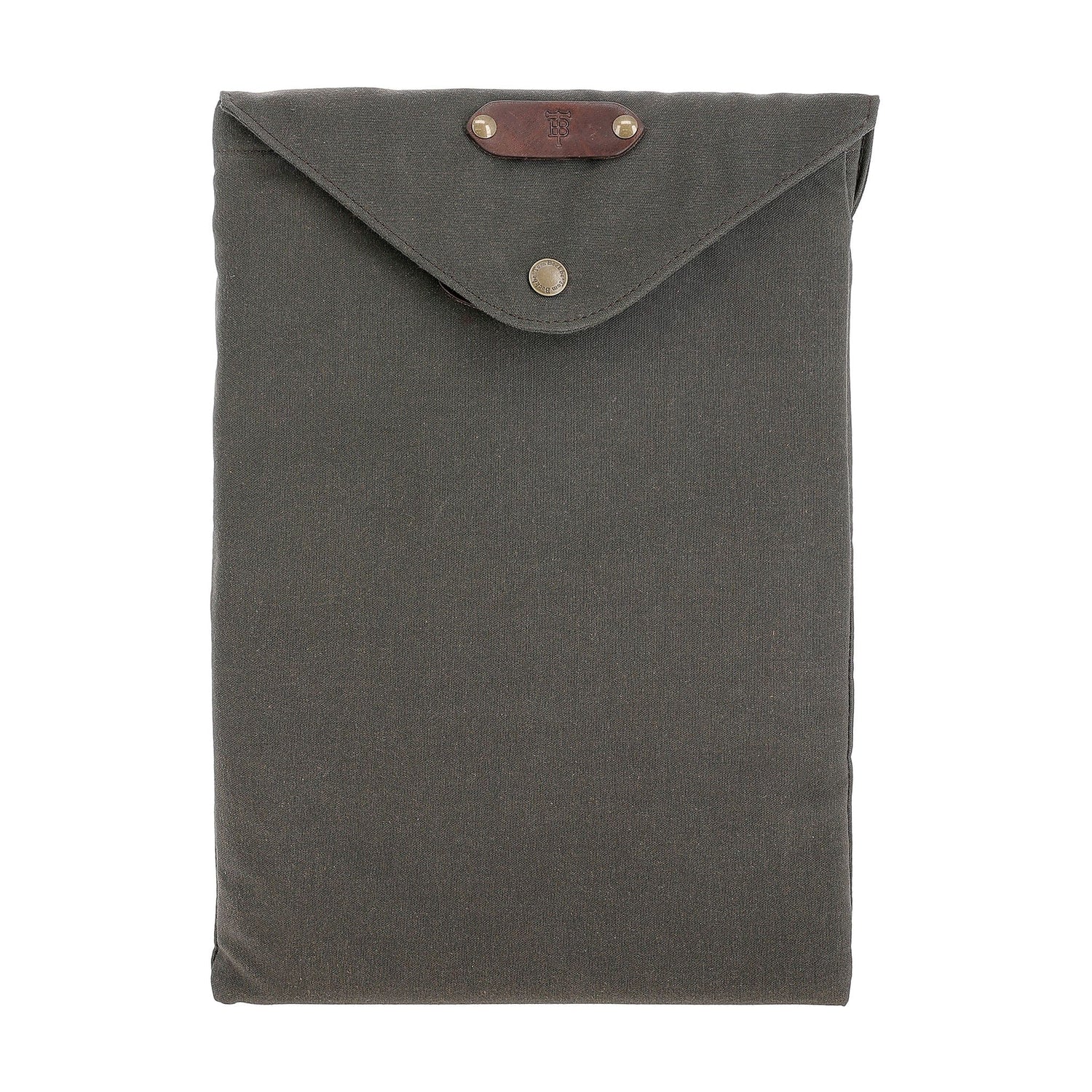 The Tom Beckbe Canvas Portfolio is dark green, weatherproof, with a button closure and a leather accent.