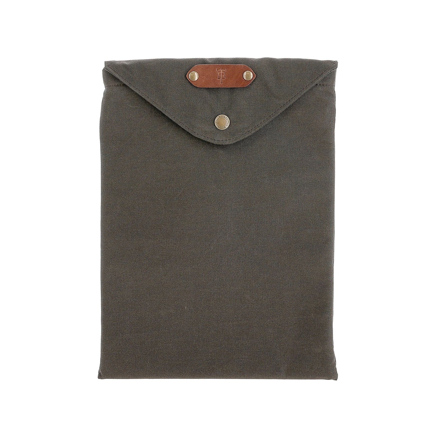 The Canvas Portfolio by Tom Beckbe is an olive green pouch with a button closure, leather detail, and waxed cotton.